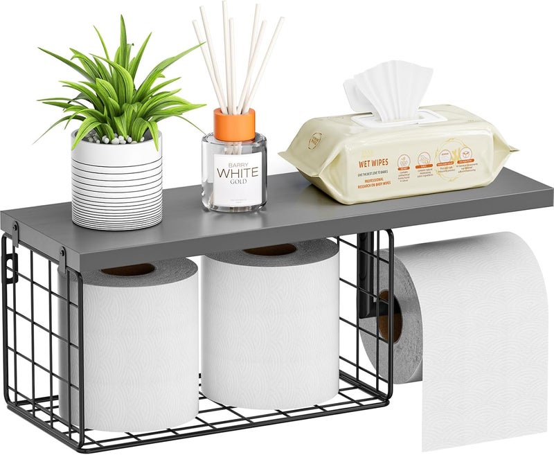 VITVITI Toilet Paper Holder with Shelf, Wall Mounted Toilet Paper Storage Basket, Wood Metal Toilet Roll and Wipes Holder for Bathroom Farmhouse (Gray) - Image 1